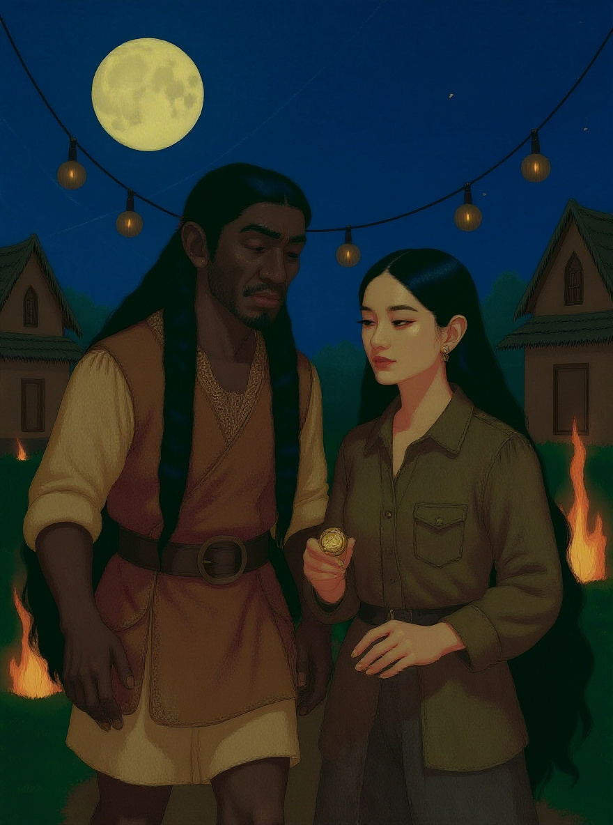 Hawks and Song Ching catch their breath outside the village as the sky glows gold. Hawks clutches the ring.