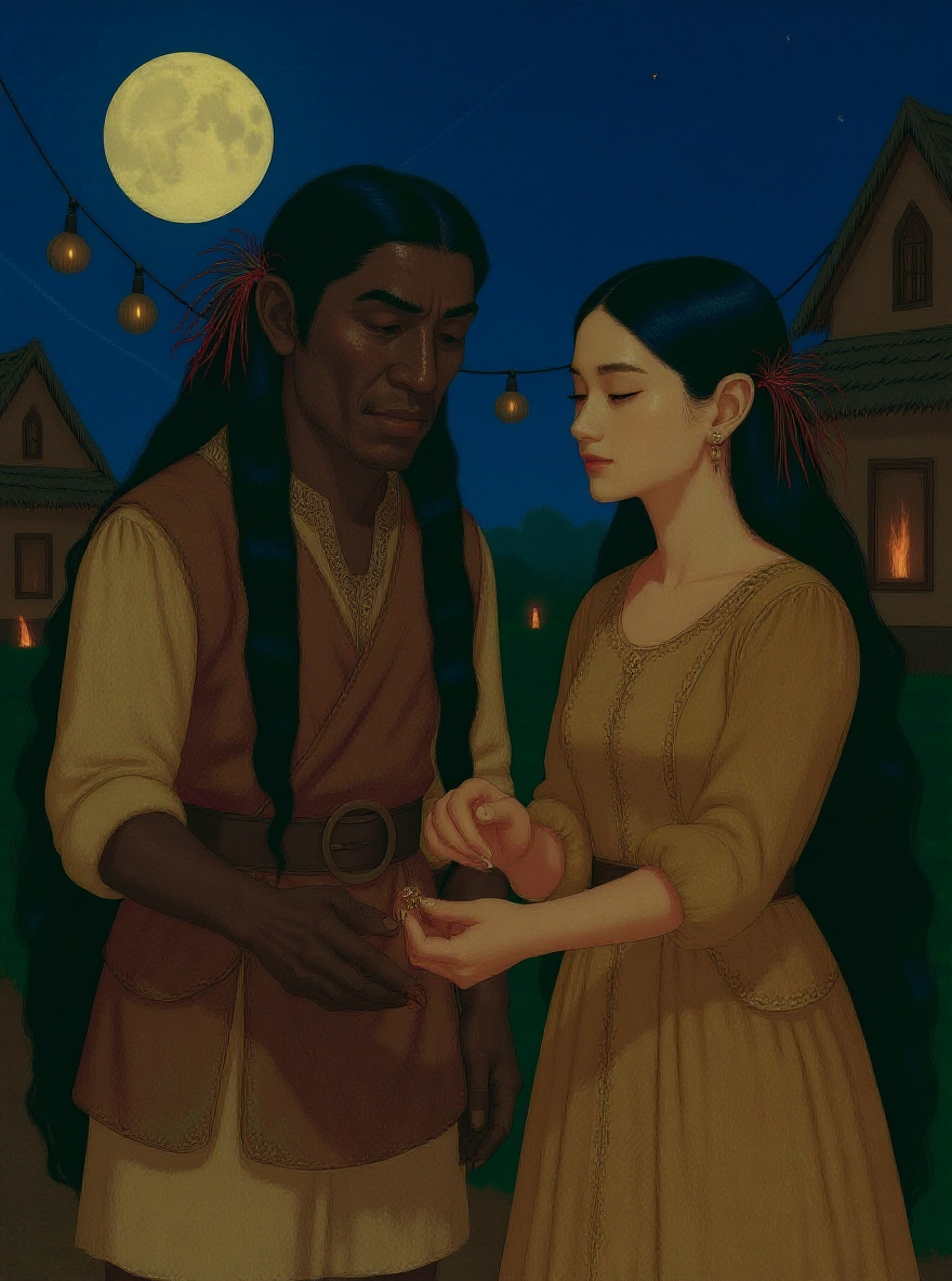 Close-up as Song Ching slides the gold ring from the bride’s finger, both faces visible.