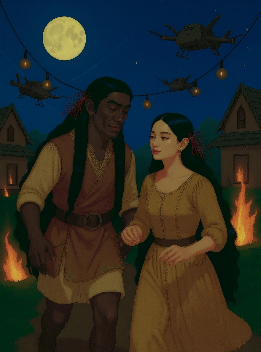 A sudden stillness over the village; shadows of System drones gather as the festival fire blazes unnaturally bright. Hawks and Song Ching flee in the foreground, the bride watches from firelight.