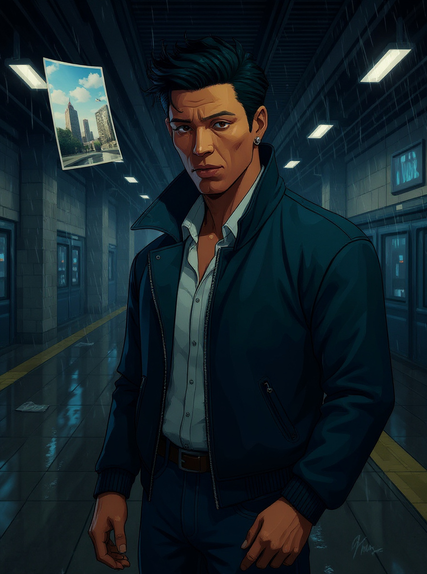 A glossy brochure on the wall rack trembles and pulls free, its cover showing an eerily perfect cityscape. Manny stares at it, tension in his stance.