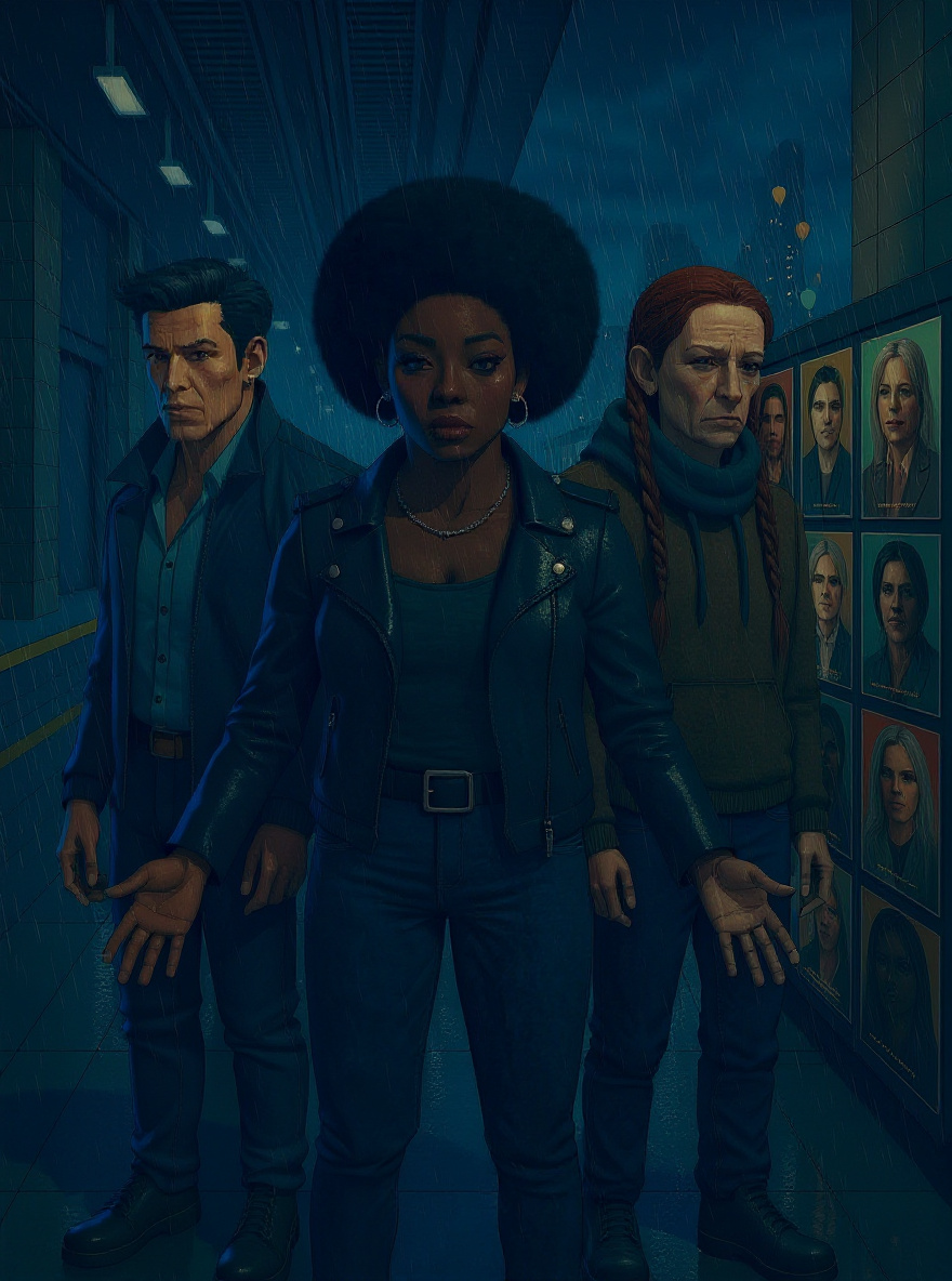 A pulse of blue-gold light erupts, pushing the Enemy back into shadow. Manny and Brooklyn stand, joined by a web of glowing city lines underfoot, defiant against the darkness.