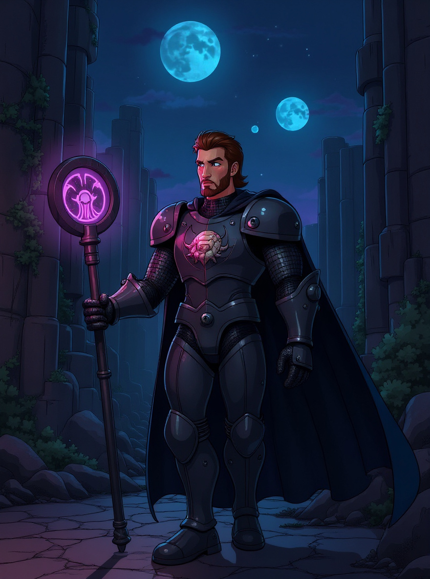 Darkstorm steps from the shadows, staff raised, purple hologram pulsing.