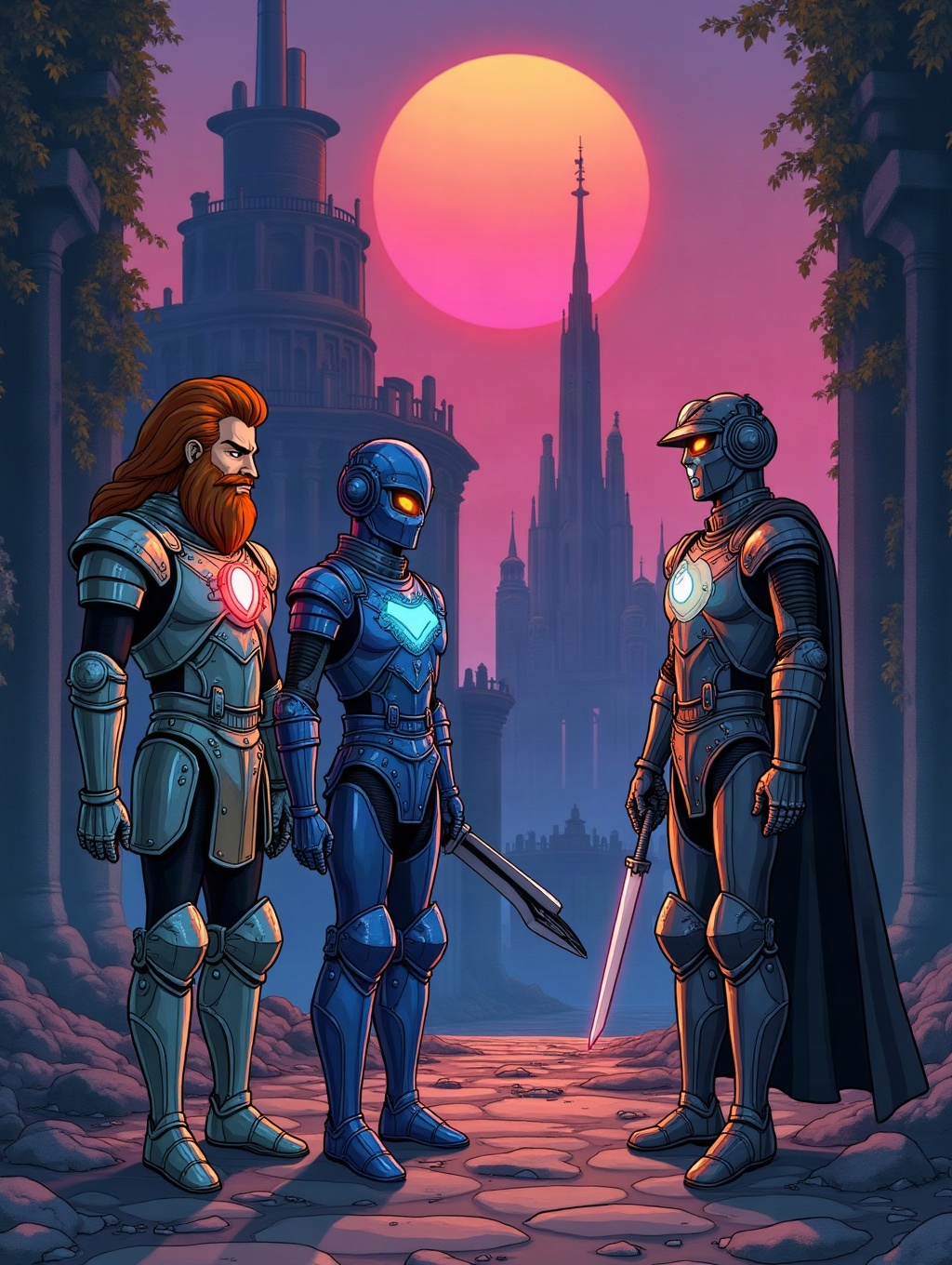 The knights stand as the light fades; totems glow faint. Galadria looks to Leoric.