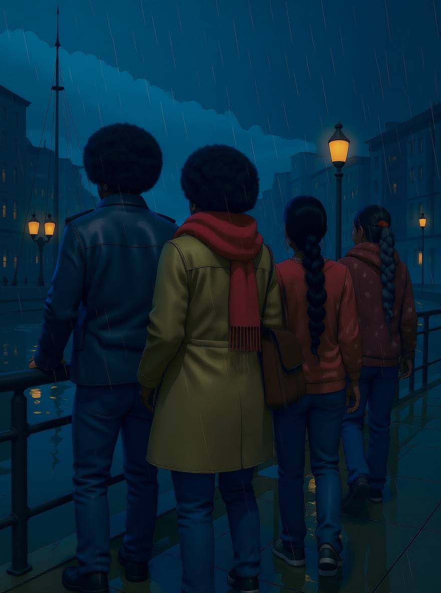 The five avatars, worn but together, look out over the water; city lights glimmer.