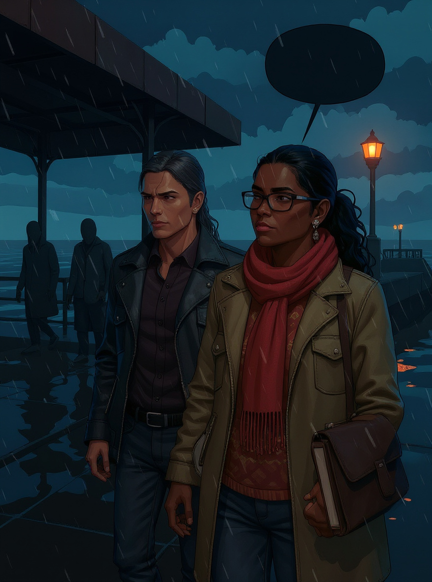 Bronca, in rain-damp scarves, points at 'tourists' with smooth, blank faces under the awning.