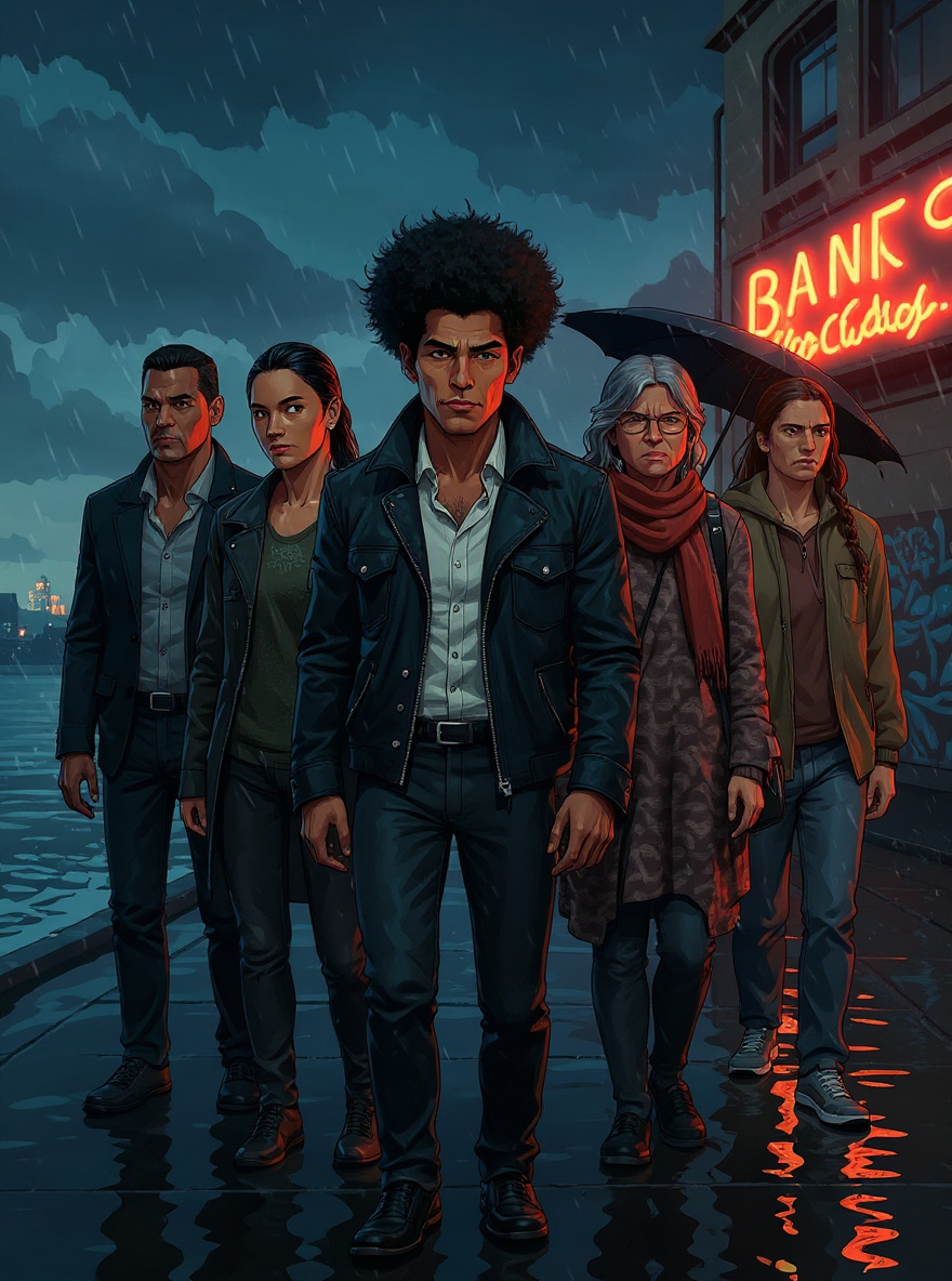 Rain-soaked waterfront at night; old pier with peeling sign and iron lamps. Manny stands at the railing, Brooklyn and Bronca behind him, Padmini under an umbrella, Aislyn at the far edge. Mist swirls as the landmark blurs and generic plaza elements creep in.