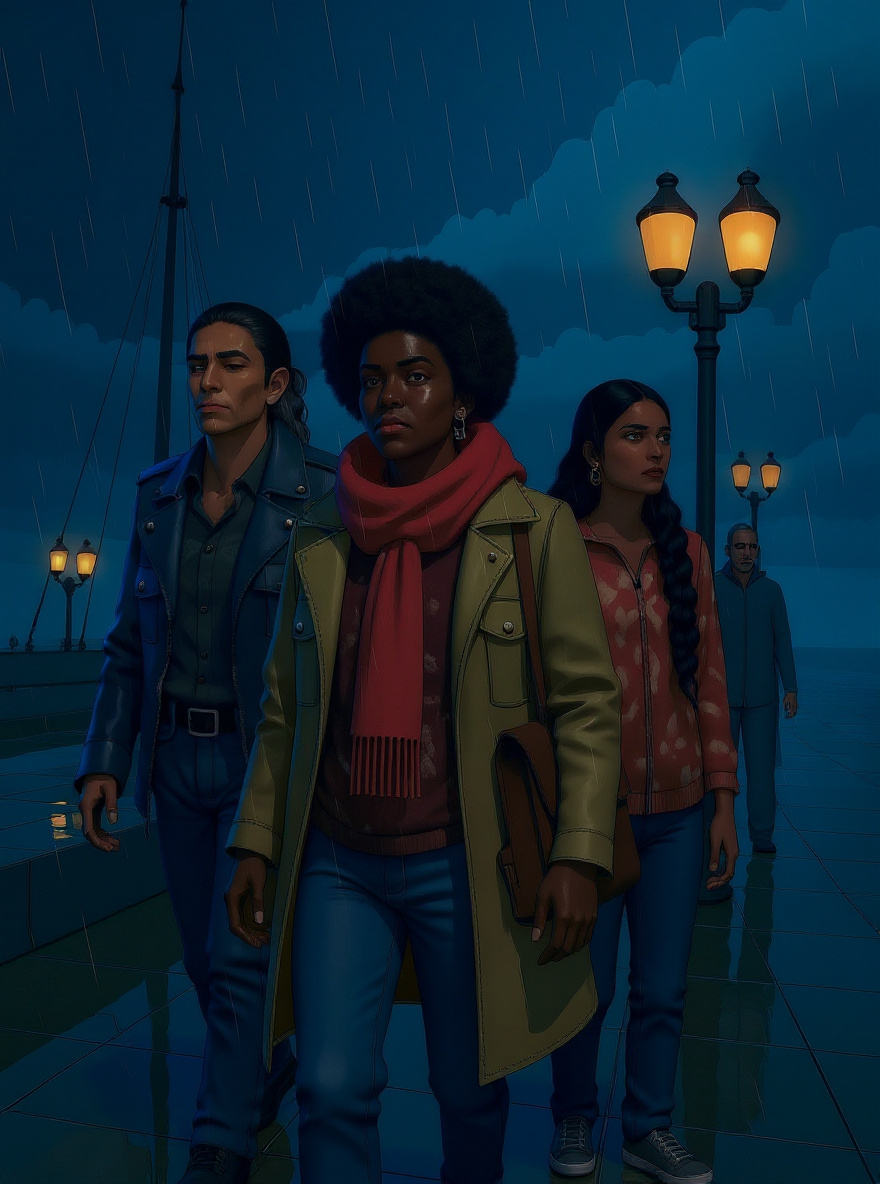 Lightning flashes as the avatars stand united; the pier's true colors and graffiti burst back. The Enemy's false crowd dissolves in rain. Real tourists, oblivious, pass in the background.