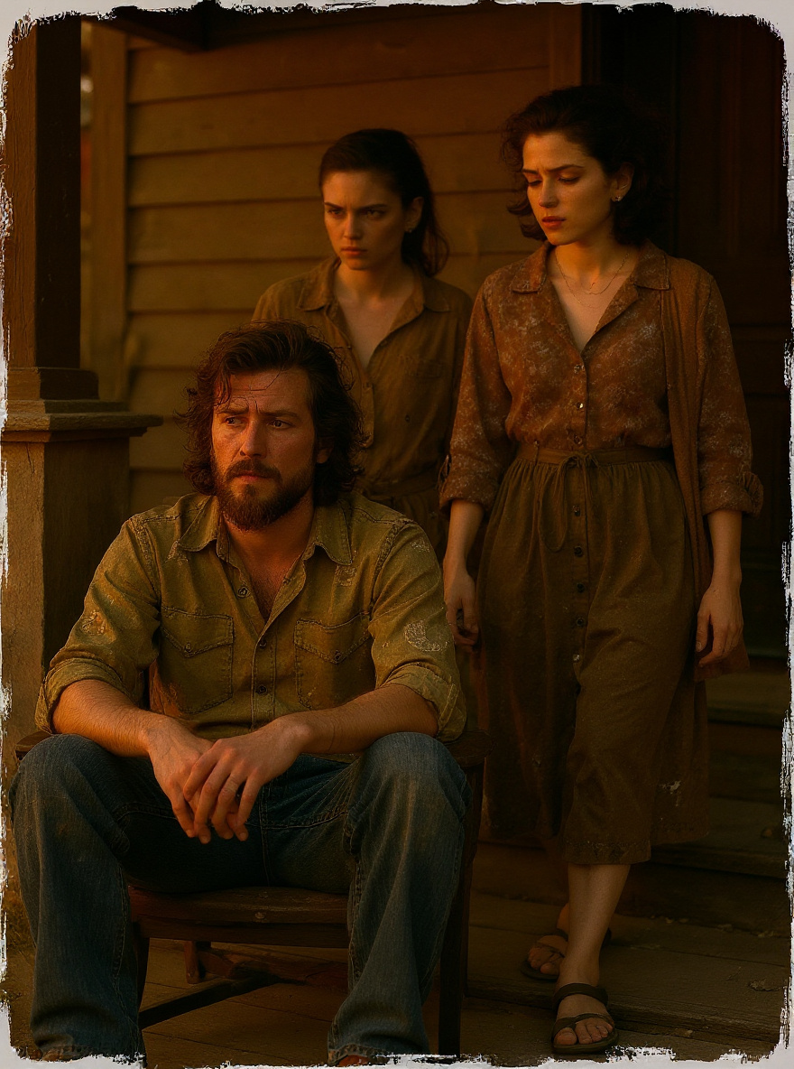 Russell sits in a sagging porch chair, watching as Suzanne and Evie approach.