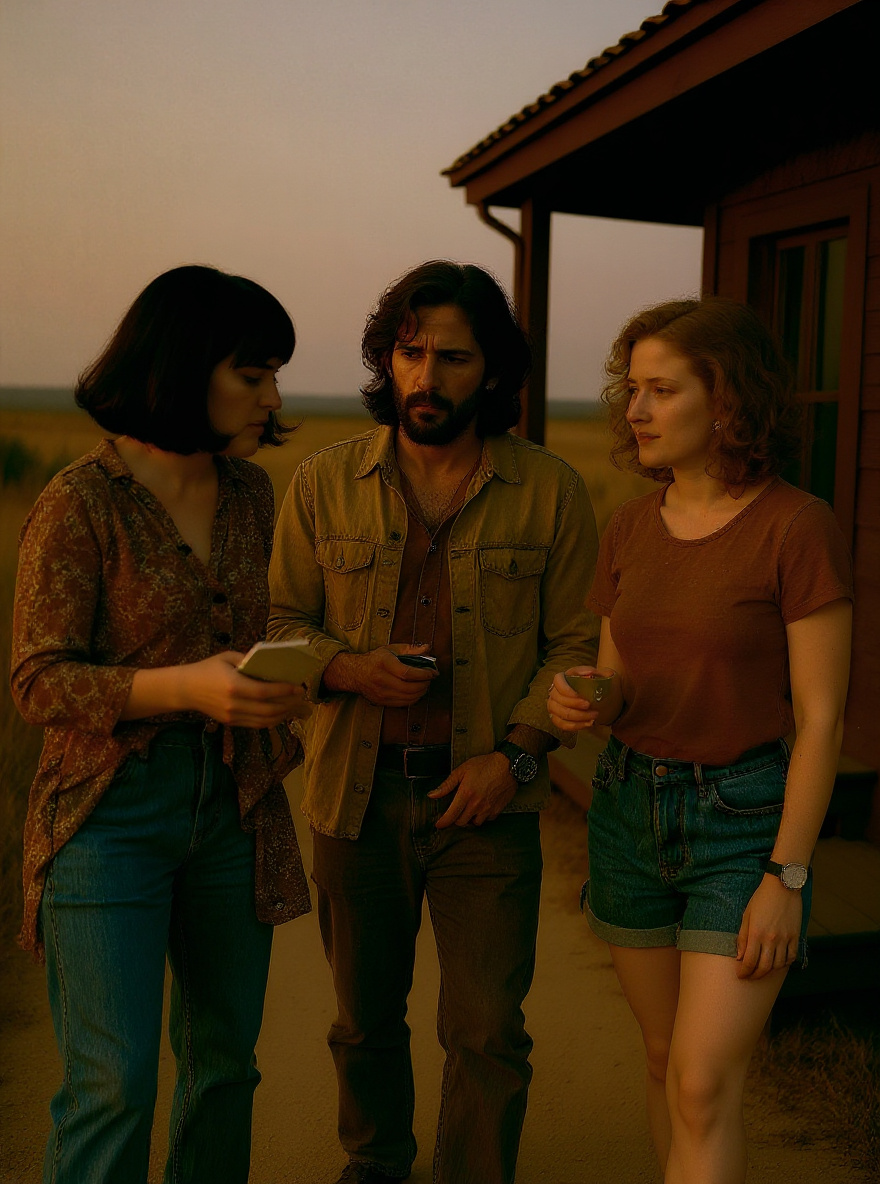 A girl and Roana argue over a scarf; Russell stands, tense, as others freeze.