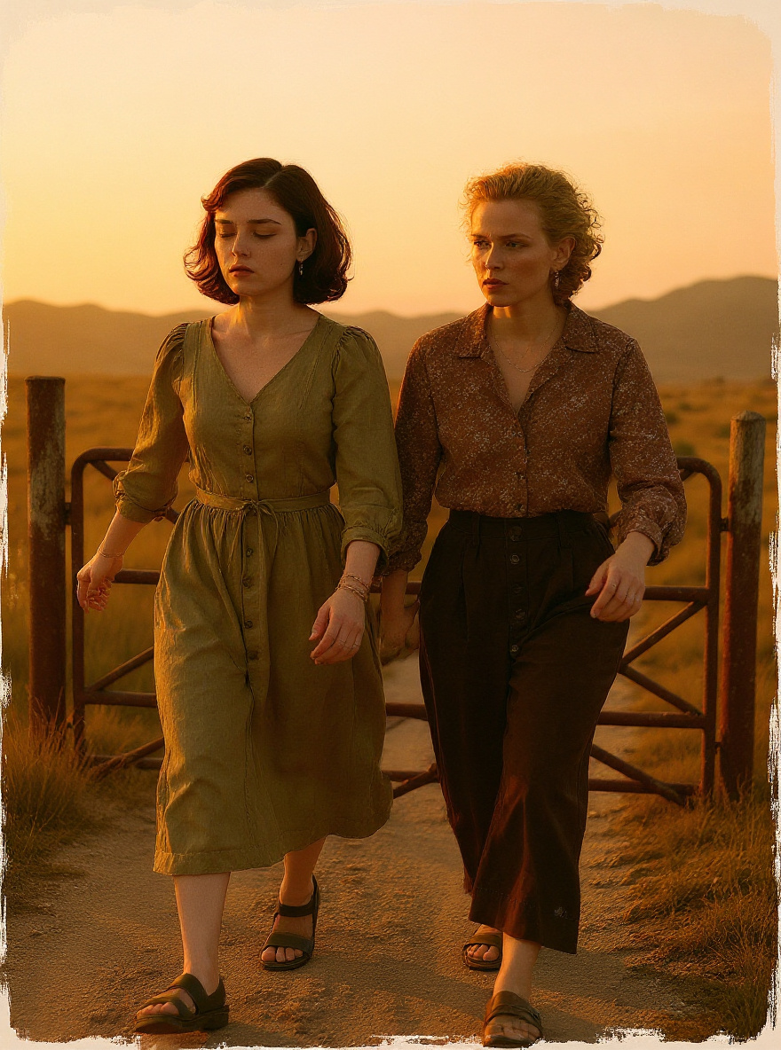 Suzanne holds open an old metal gate, glancing back at Evie on the path.