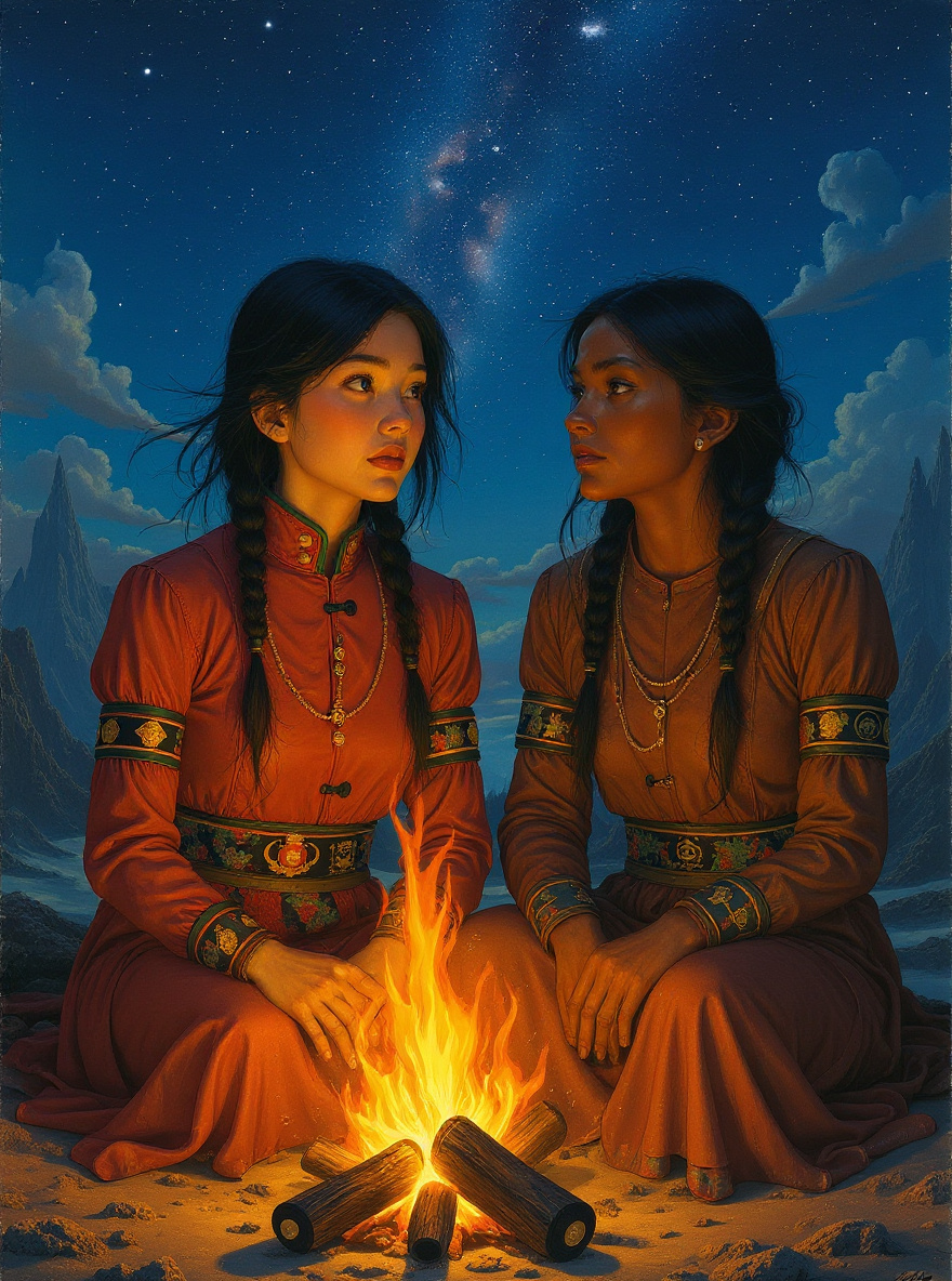 Song Ching and Cloud Dancer sit together, watching the fire and the stars.