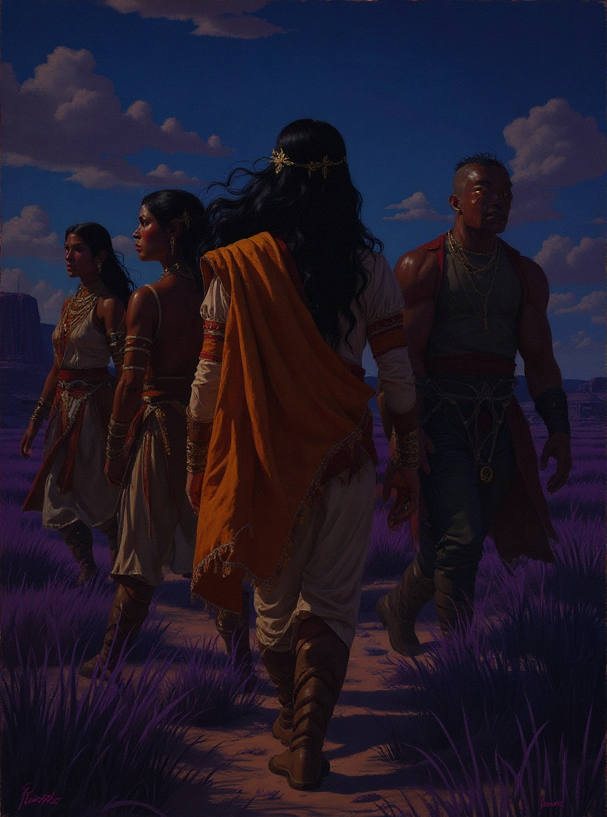 The crew walks away from the settlement, shadows stretching toward their ship.