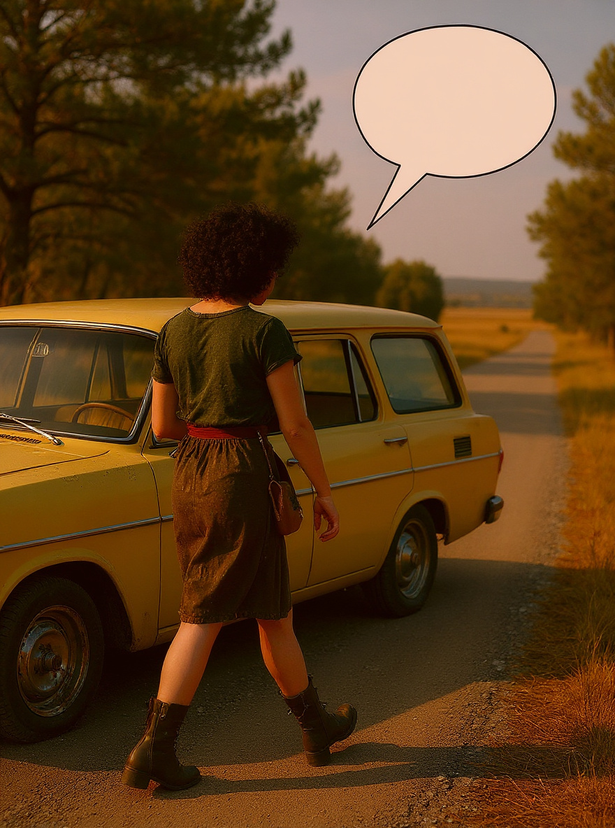 Car stops at the edge of a shadowy wood. The girl gets out, shouldering her bag.
