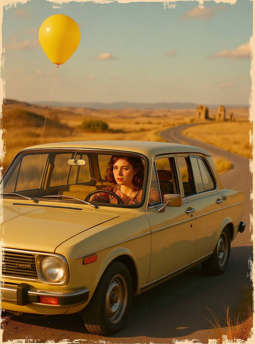 Evie’s old station wagon winds down a sun-bleached, empty Northern California road toward distant, crumbling ranch ruins. Golden grass, dust motes, and blue sky stretch around her.