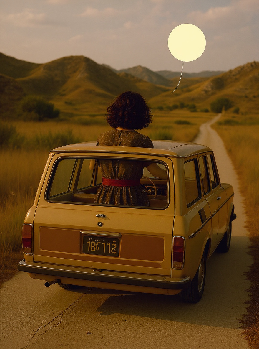 Evie drives away, the empty road stretching through heat and dust toward the horizon.