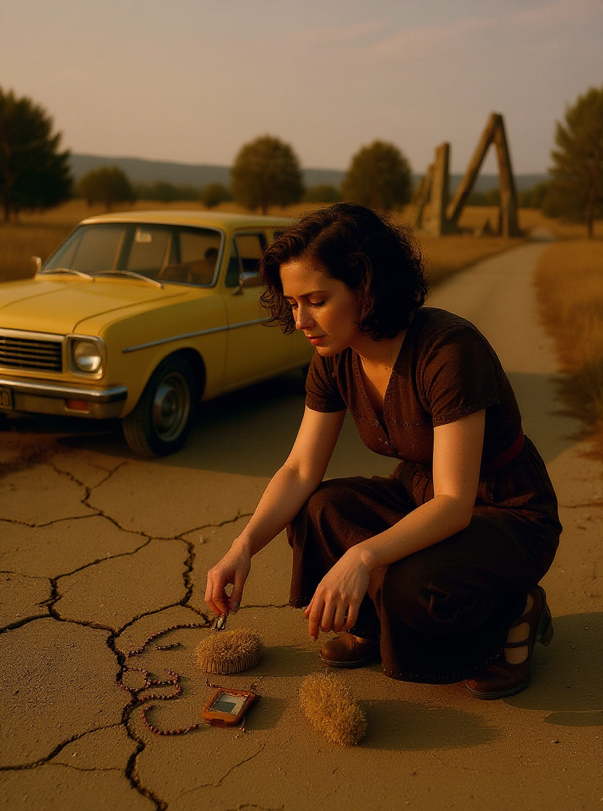 Evie kneels, placing a beaded bracelet, hairbrush, and Polaroid on the concrete.