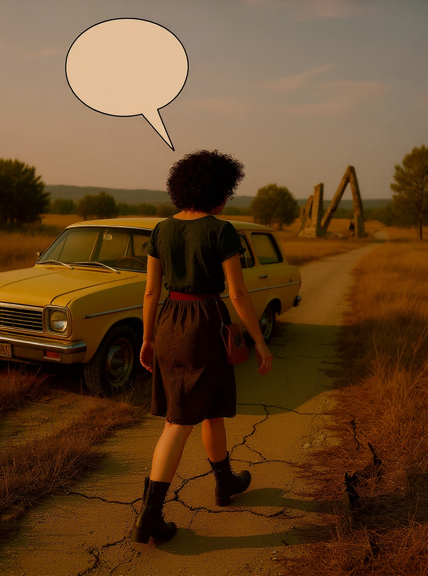 Evie walks alone across the overgrown ranch foundation, a cardboard box in her arms.