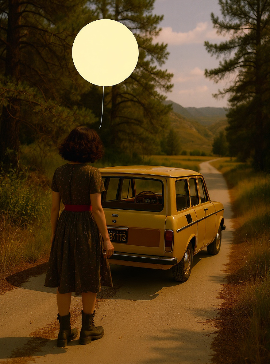 In the woods, the hitchhiker girl stands alone in shadow, looking after the car as it disappears.