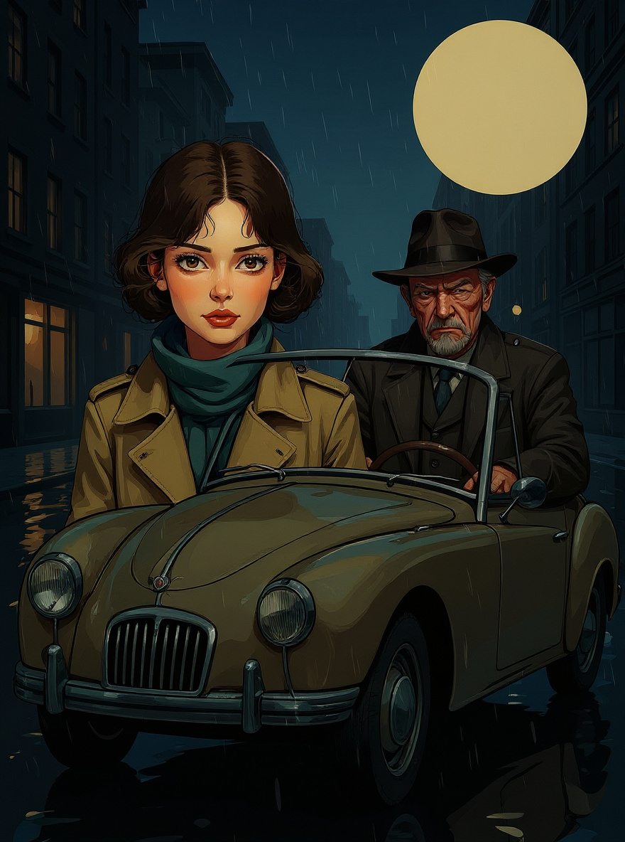 Night, rainy Manhattan street (Third Ave). Rachel's MG in foreground, 1938 Packard mid-distance behind her, both headlights gleaming on wet pavement. Rachel, a delicate-featured woman in her mid-20s, shoulder-length dark blonde hair pulled back with a scarf, peers in her side mirror, concern on her face. Period streetlights, rain, reflections. 1950s cars and city gloom.