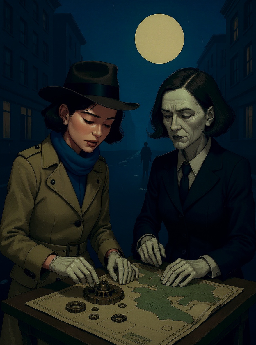 Society Woman places small brass mechanism (between watch and insect) on the table. Rachel leans in, curious. Others lean back, wary.