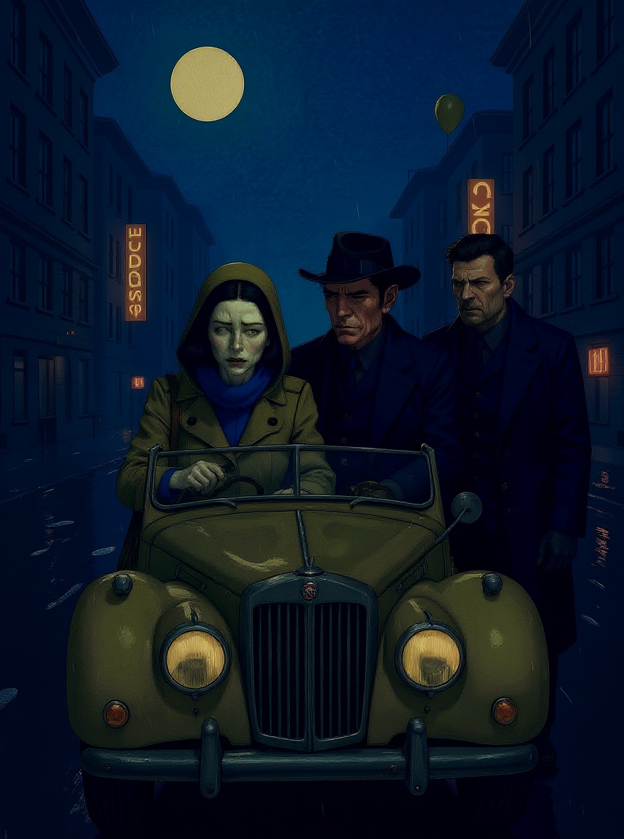 Rachel in MG, night city. She looks determined, rain blurring headlights. Times Square neon reflected on windshield. Under the dash, a tiny brass gear can be glimpsed, softly ticking.