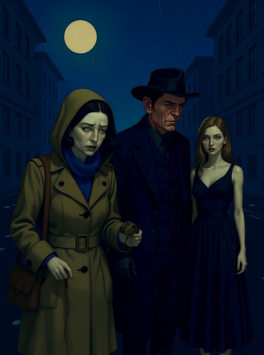 Night street, wet pavement, Rachel in foreground clutching gear, glances over her shoulder. At the distant end, under a flickering streetlamp, stands the mysterious woman: elegantly dressed, perfectly still. Lamp flickers, her face almost visible, beautiful but with unnatural reflective eyes. The lamp goes dark, leaving emptiness.