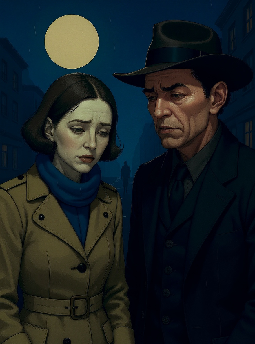 Close-up of Rachel’s annoyed face as she examines the mechanism. Society Woman’s face calm, others expressionless behind.