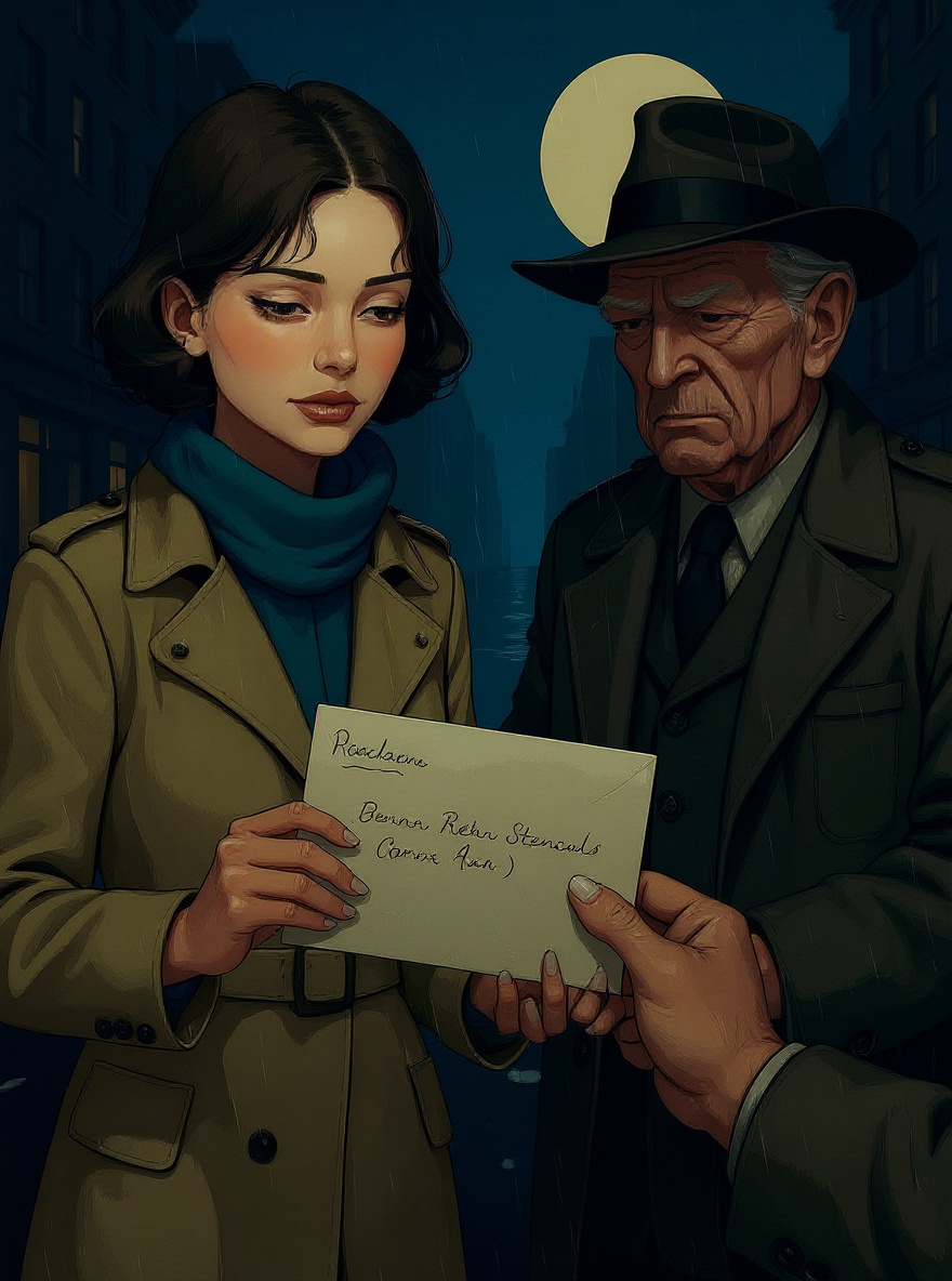 Close-up of Rachel’s hands holding the envelope, the address visible: 'RACHEL OWLGLASS, CARE OF THE AUTOMOBILE SHE LOVES MORE THAN HUMANITY.' Her expression (background) is wary, Packard Man already turning away.