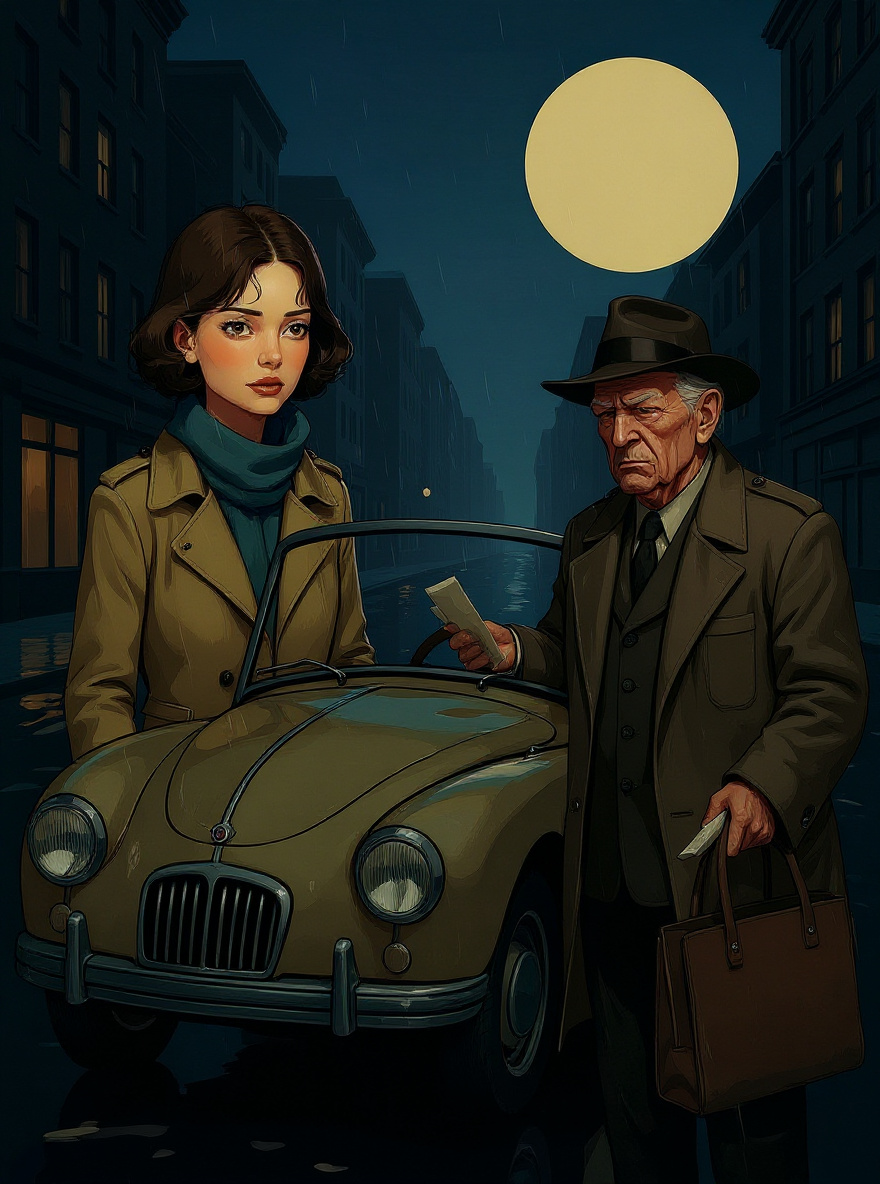 Dim alley behind a lighting company, wet pavement, both cars stopped. Rachel stands by her MG, tense, facing Packard Man who steps from his car and holds out an envelope. Night, city shadows, trash bins.