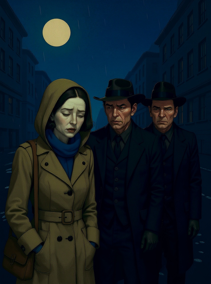 Night, outside condemned building. Rachel, coat tight, stands by MG with bonnet open, peering inside in frustration. Street empty, rain falling.