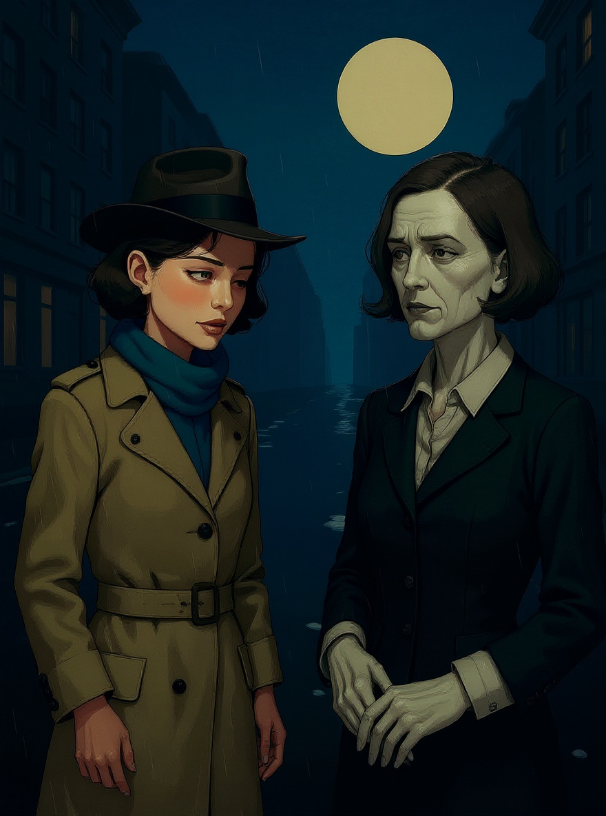 Basement room, dim light, battered table surrounded by nine people. Rachel, still in trench coat, stands at doorway. Map of the world with colored pins on the wall; Society Woman (thin, pale, white gloves) stands at table, others (blurry, indistinct) seated.
