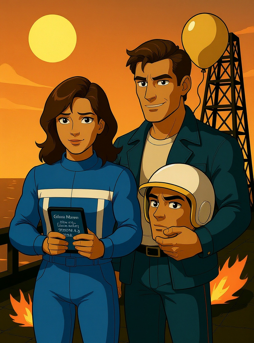 On deck, Gloria nudges Matt’s arm. Matt, holding helmet, offers a tired, crooked smile. The Atlantic sparkles and the oil rig recedes.