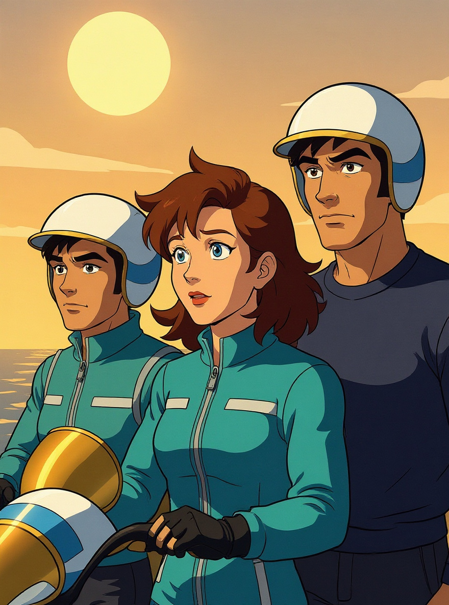 Dawn at an abandoned offshore oil rig. Matt Trakker kneels behind a battered metal console, visor reflecting two versions of his own face—one a half-second out of sync. Gloria Baker and Bruce Sato are in the background, moving into position. The Atlantic ocean gleams misty gold, sky streaked with saturated oranges and blues.