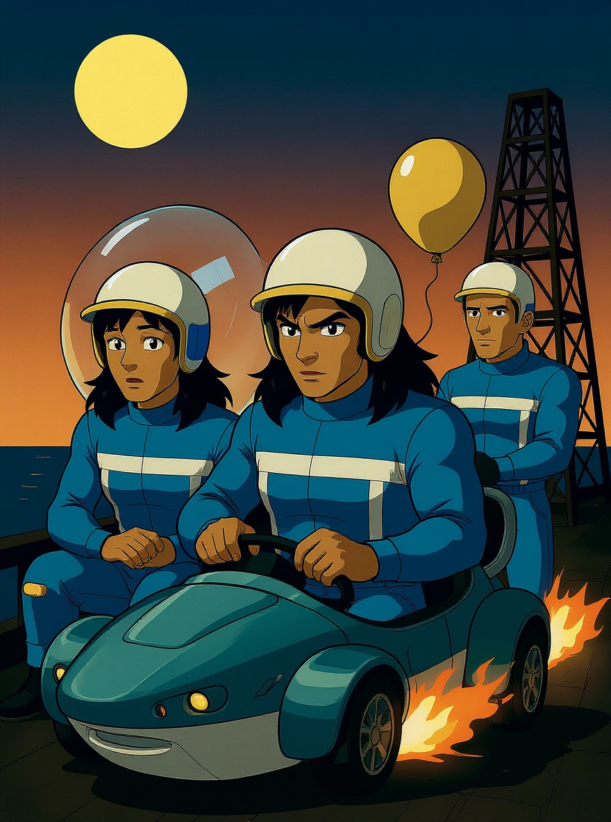 MASK vehicles—Shark and Panda—convert in a burst of chrome and orange muzzle flashes as VENOM gunships attack. Gloria shields Dr. Garrison in Shark; Bruce’s Panda deploys a forcefield. Matt leads, visor alive with static double-vision. Explosions arc against a deep navy and hot orange sky.
