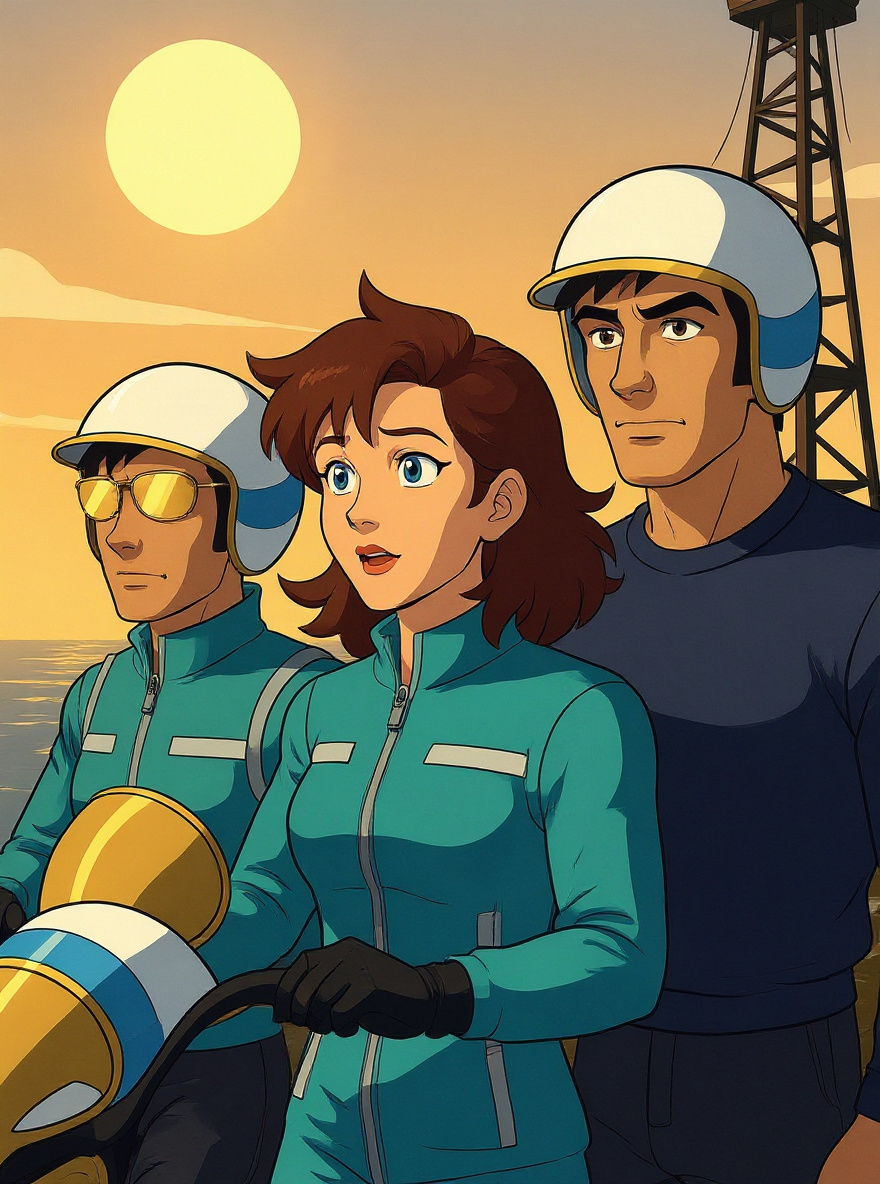 Gloria, crouched on a metal catwalk, glances back at Matt—her helmet’s visor catching the orange dawn.