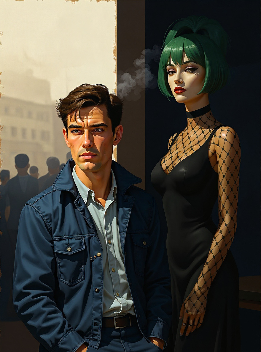 Benny leans against a pillar as a woman with a green wig and fishnets appears beside him, face half-shadowed.
