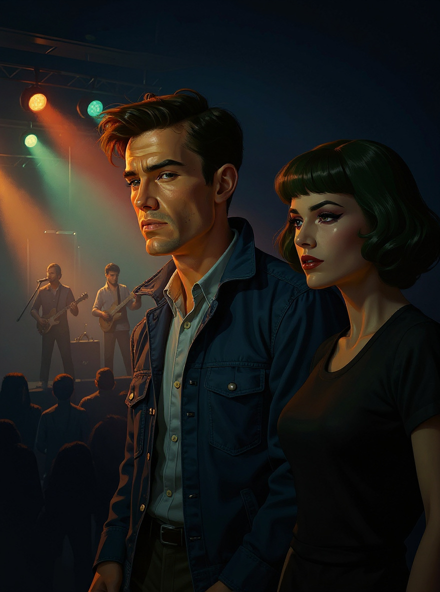 The band plays on stage as Benny and the woman watch, crowd pressed close.