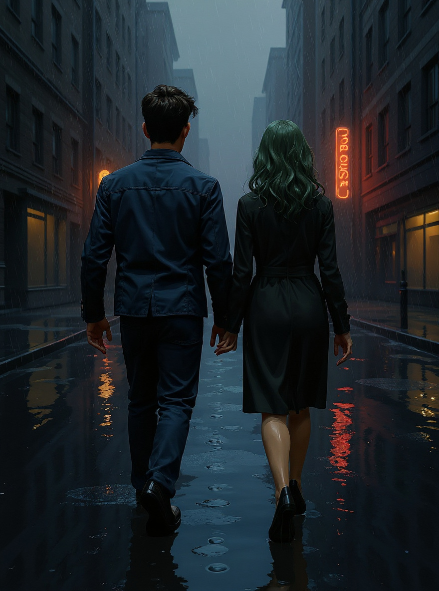 Benny and the woman walk away down the glistening street, backs to the viewer, city stretching ahead.