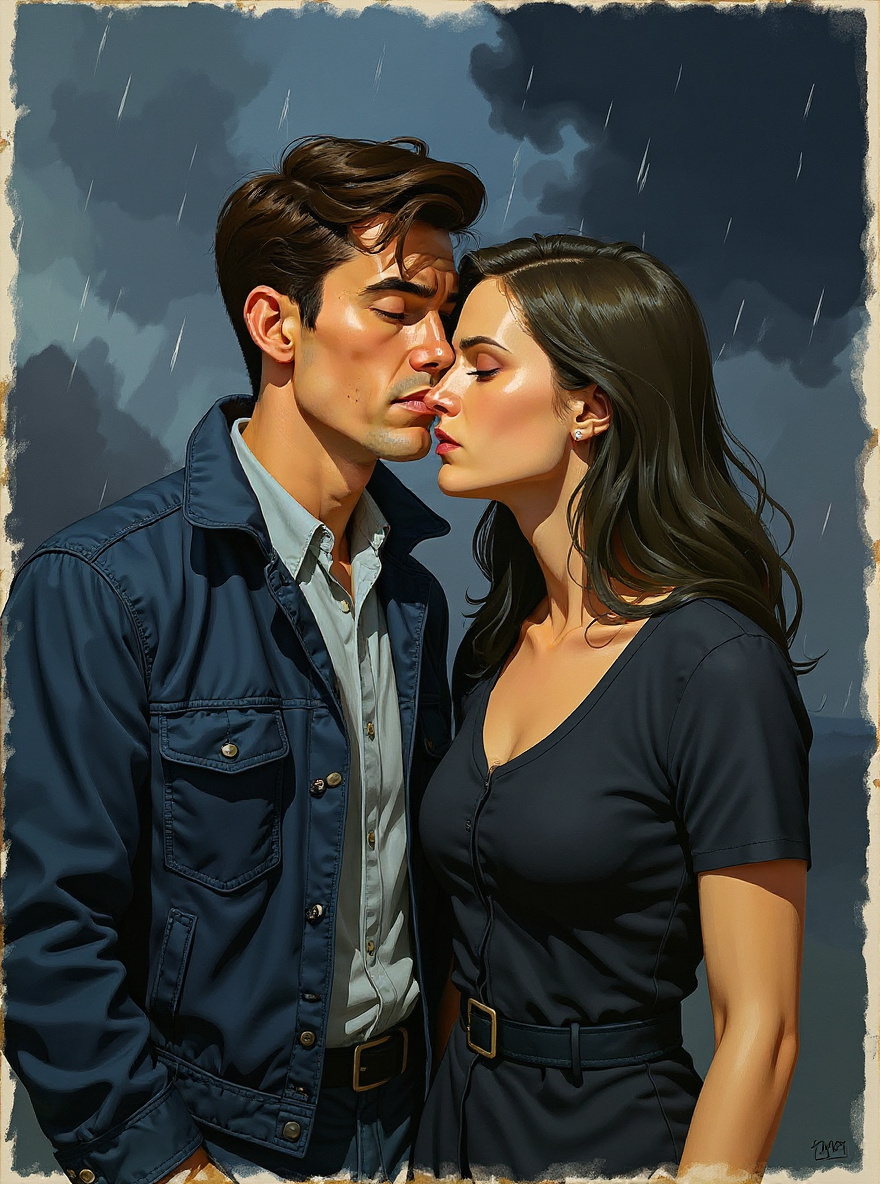 Benny and the woman stand close; her lips nearly touch his ear.
