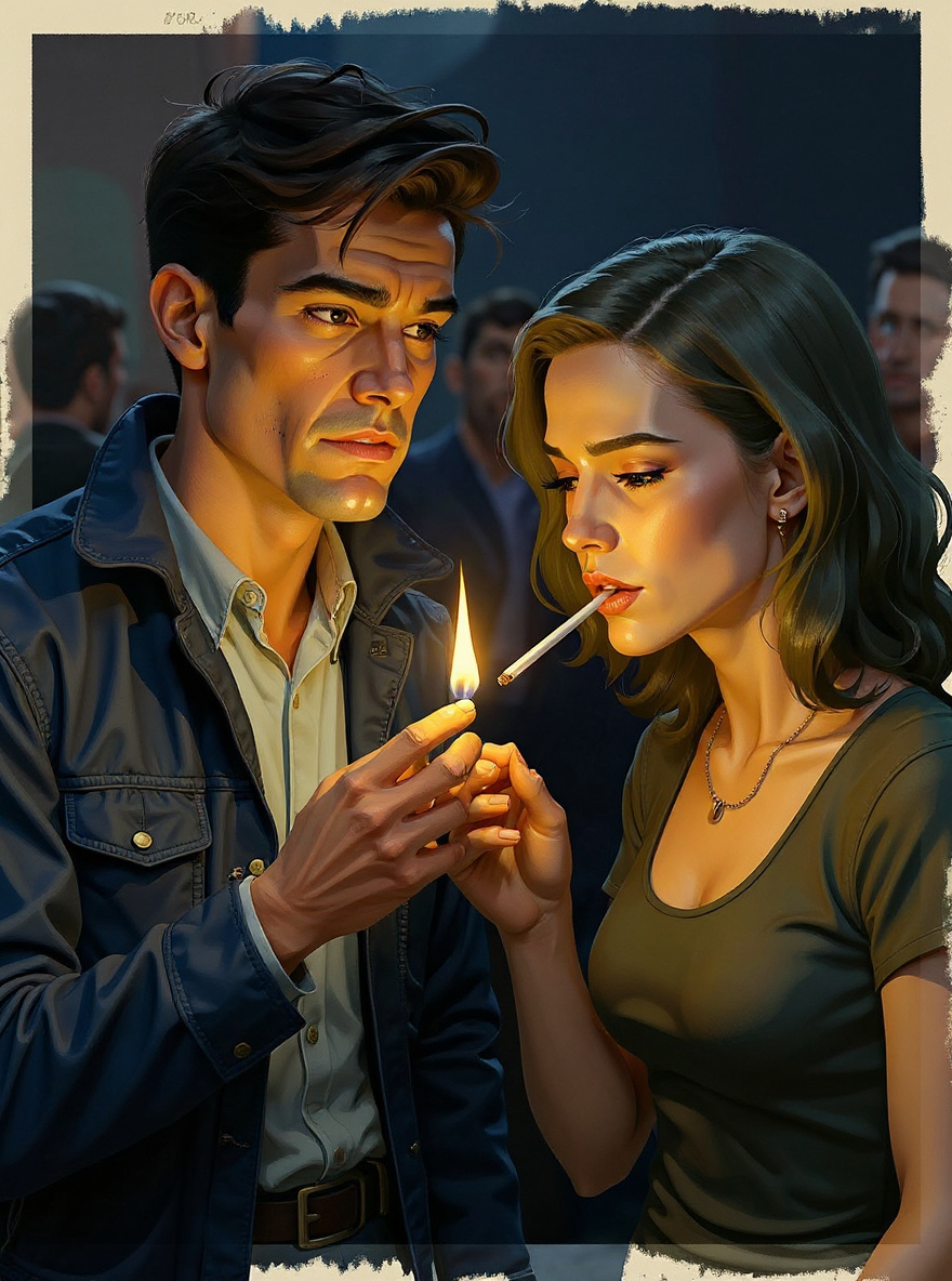 The woman offers Benny a cigarette, flame illuminating her face. He accepts.