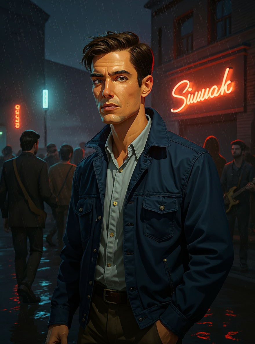 Benny Profane stands near the club entrance, raincoat damp, neon and fog outside, inside a smoky basement packed with hipsters and band equipment. The stage is awash in green and blue light, a crowd blurs in the gloom.