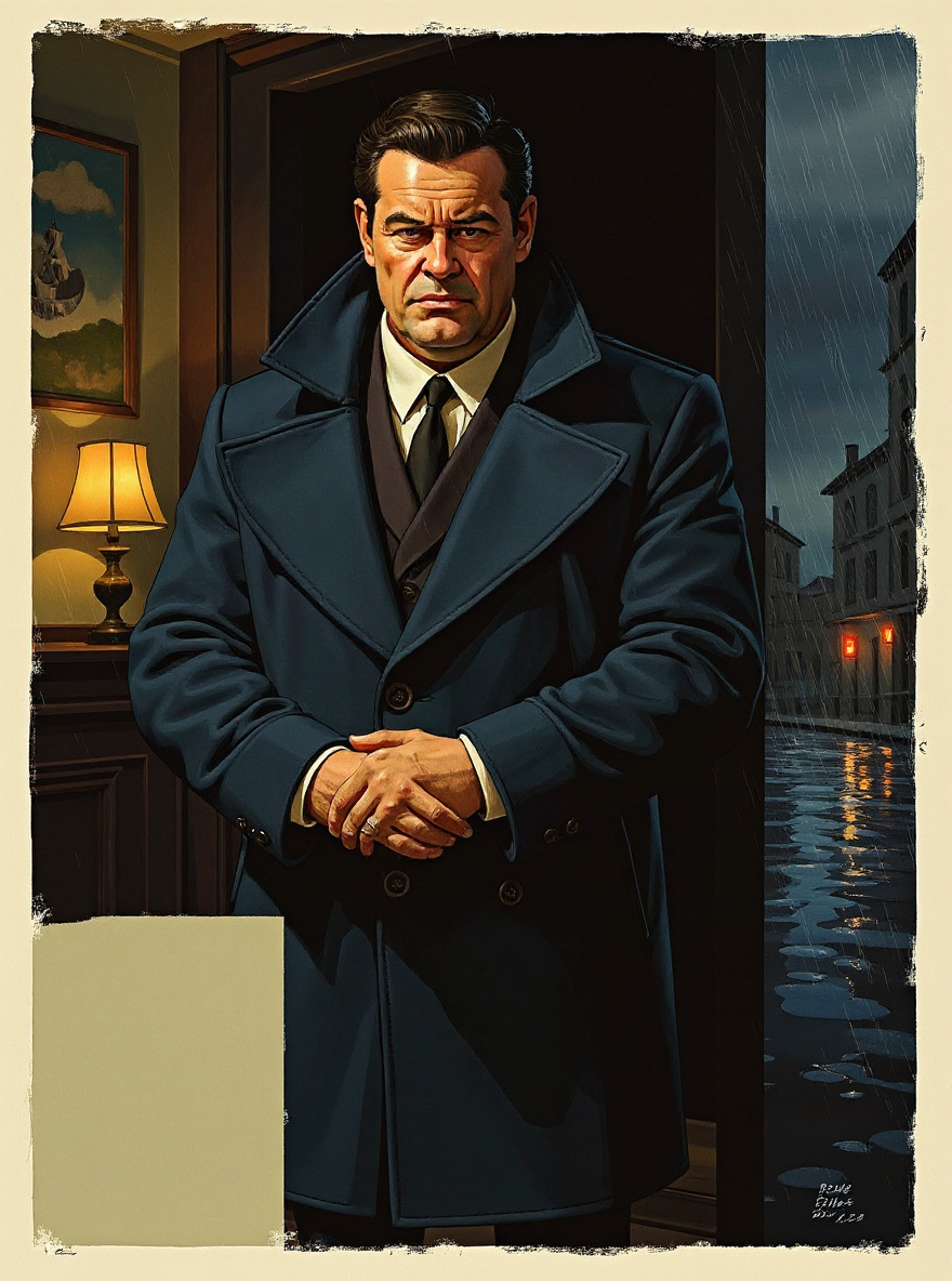 Rohearn watches from the doorway, arms folded, suspicious.