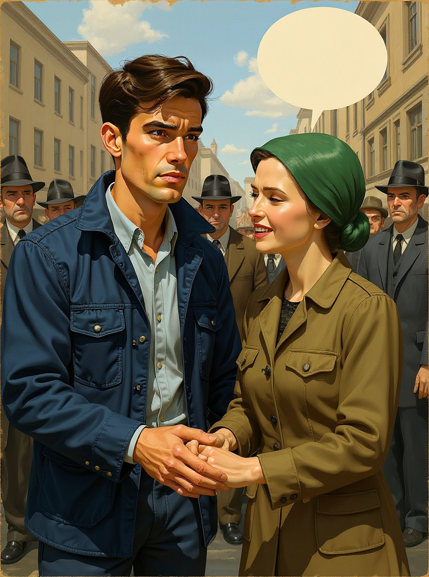 Benny, hesitant, nods as the woman smiles and leads him by the hand into the crowd.