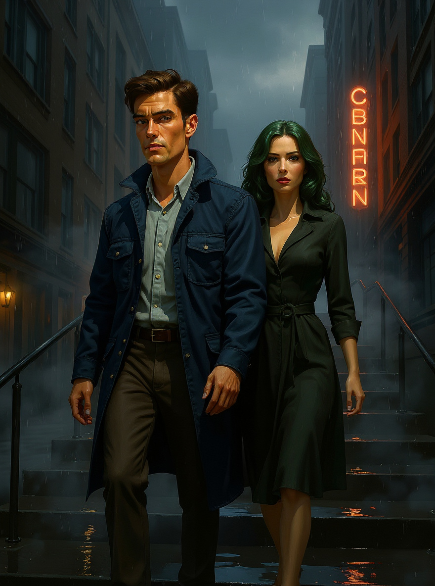 Benny and the woman climb the club stairs and exit into the rain-soaked city, neon blurring through fog.