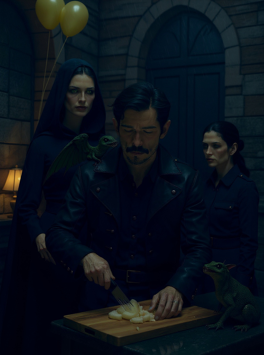 Focus on Cawti and Aliera at the kitchen table: hands displayed, scars visible, eyes meeting evenly. The gaslamp casts gold on their faces as rain streaks the glass behind. Vlad and Loiosh in background shadows.