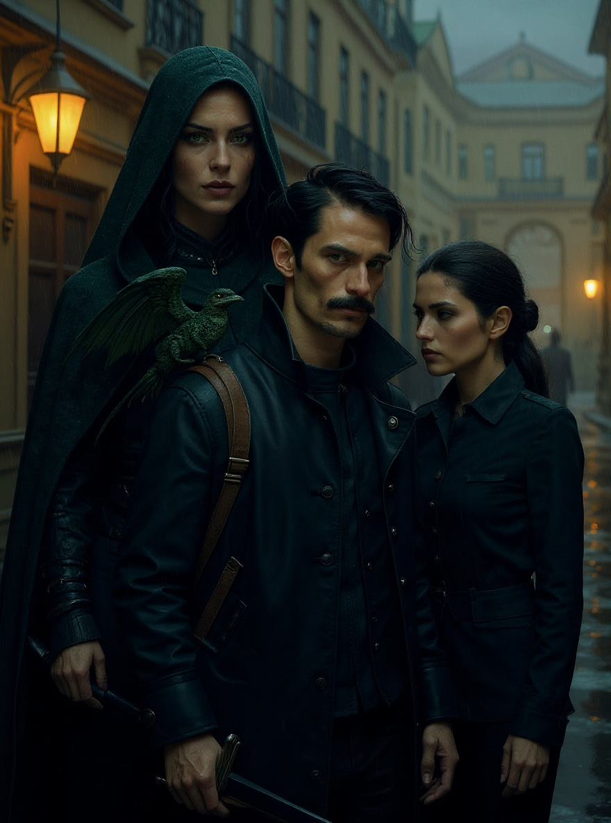 Cawti and Aliera face each other, Vlad just behind; Cawti’s hands relaxed but ready. Aliera’s chin is tilted just slightly upward, eyebrow arched. Rain streaks down the tall windows behind them.