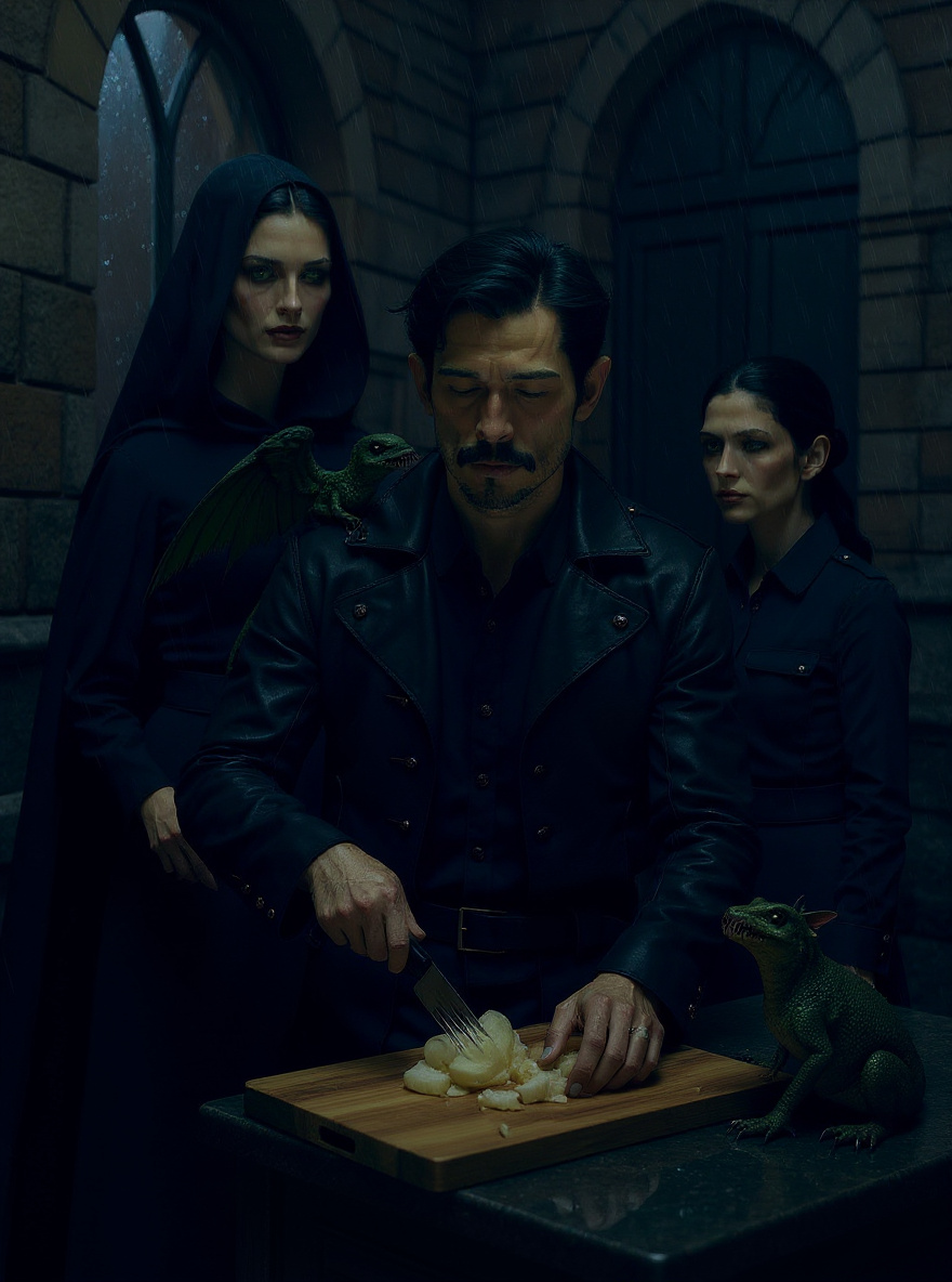 Cawti in a modest kitchen, peeling an onion; Aliera sits across the table, studying her hands. Rain batters the window, Loiosh lounges on the mantel. Vlad leans on the doorway, silent.