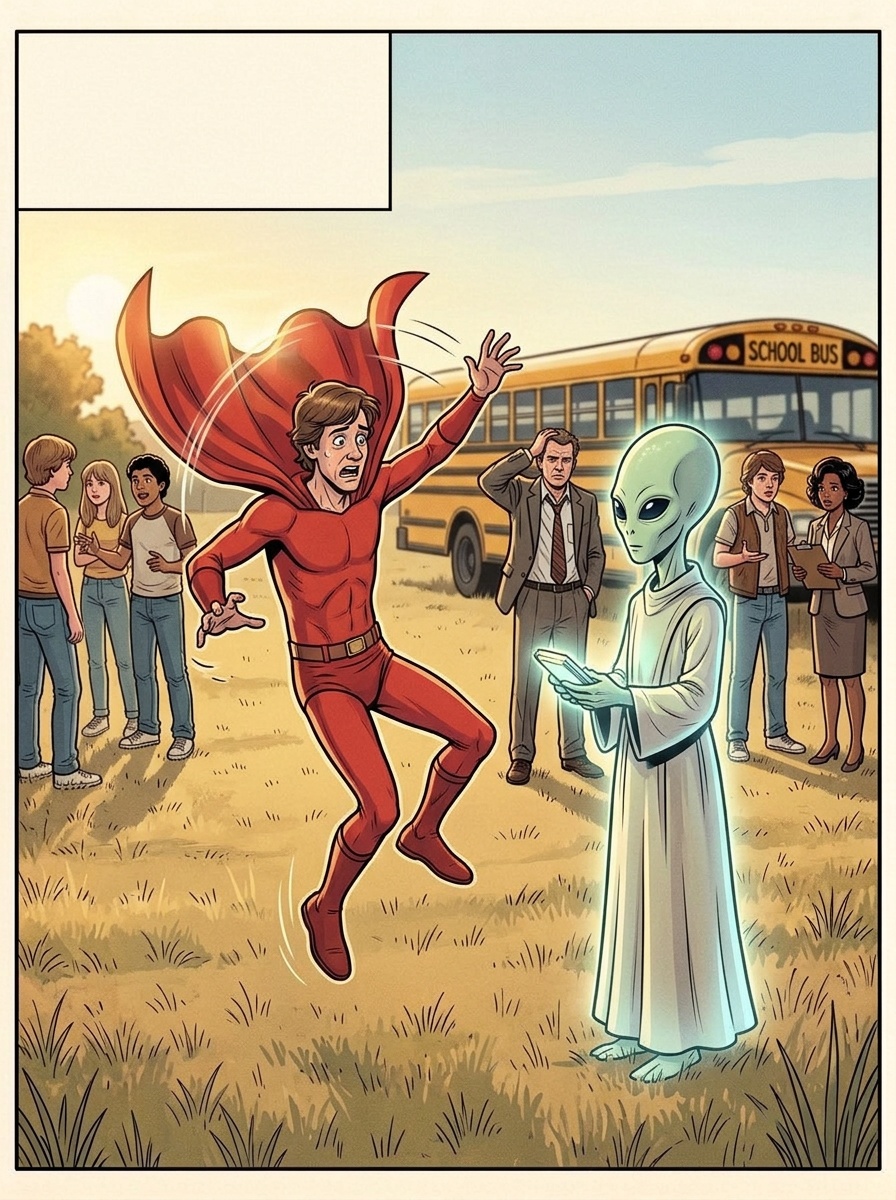 Ralph, midair, sees a glowing Alien figure at the woods' edge, watching silently.