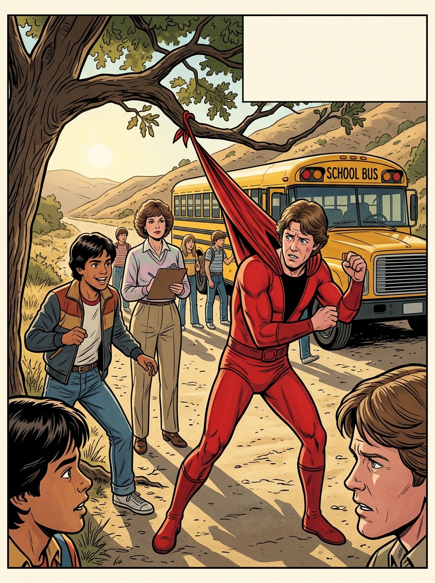 Ralph sneaks behind an oak, hidden from the students, changing into the red suit. Tony distracts a chaperone nearby.