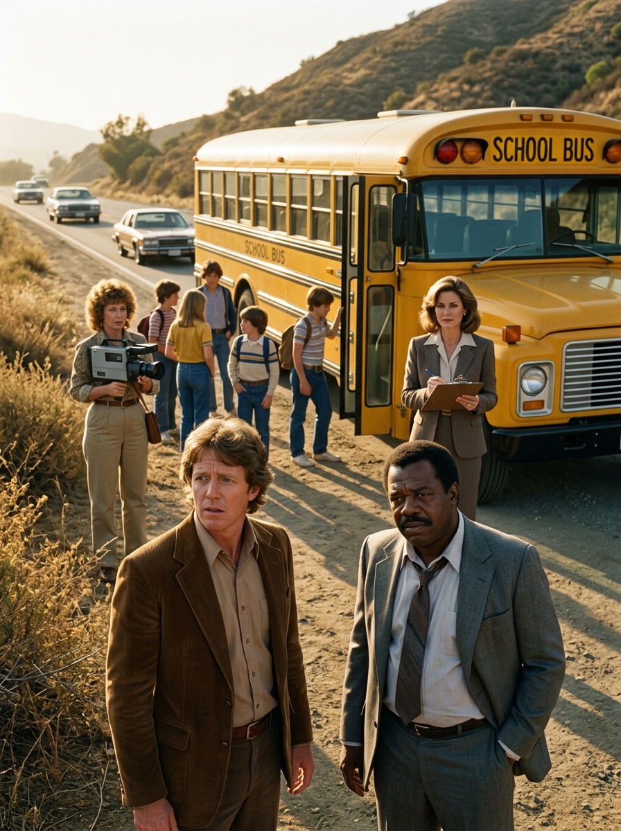 A California high school field trip: yellow bus, students milling, Ralph (in teacher clothes) eyeing the woods, Bill in a rumpled suit by the bus, Pam with a clipboard. The late afternoon sun casts long shadows.